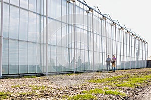 Full length view of two young female farmers carrying newly harvest tomatoes in crate at greenhouse