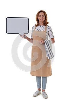Full length waitress holding a board. Beautiful woman in barista apron with towel holding empty white board on white