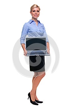 Full length woman holding laptop computer with bla