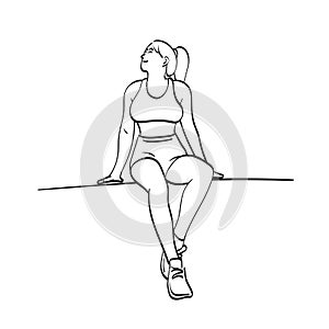 Full length of woman in sportsware sitting and looking up illustration vector hand drawn isolated on white background line art