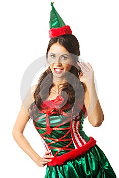 Full length woman wearing elf clothes, holding a wisp of hair photo