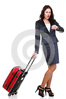 Full length young business woman to late red travel bagd