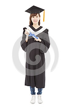 Full length Young graduate girl student with diploma