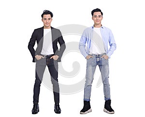 Full length of young man in casual clothes and  suit. same man in different style clothes