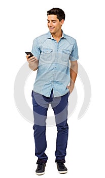 Full Length Of Young Man Reading Text Message