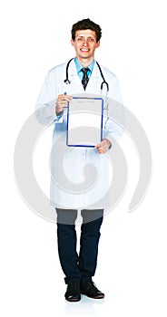 Full length young smiling male doctor on white
