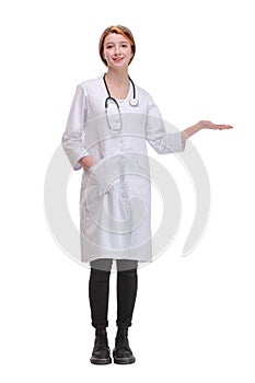 Full length of young smiling medical doctor woman with stethoscope