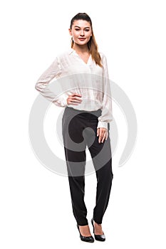Full length young woman straight long dark hair posing in studio isolated on white background