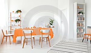 Full of light dining room with white walls floor and furniture. Shelf with lot of books and plant in the corner