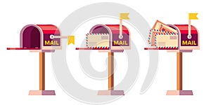 Full mailbox. Empty postbox, mail container with letter, letterbox with many envelopes, postal service mailing concept