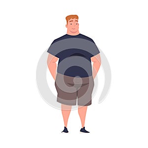 Full Man Character with Plump Body Standing and Smiling Vector Illustration