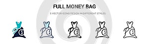 Full money bag icon in filled, thin line, outline and stroke style. Vector illustration of two colored and black full money bag