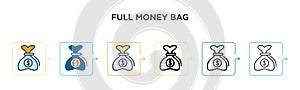 Full money bag vector icon in 6 different modern styles. Black, two colored full money bag icons designed in filled, outline, line