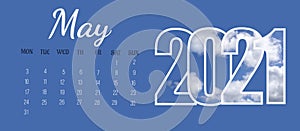 Full-month calendar page: May 2021. The name of the month, the days of the week, the numbers of the days and the year on a blue