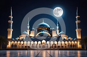 full moon above Muslim mosque at night. Arabian temple under stars