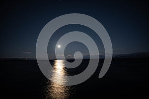 Full moon above sea. Moonlight reflection. Nasa Public Domain Imagery photo