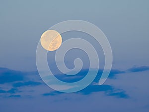 Full moon against the background of a dawn sky and blue clouds