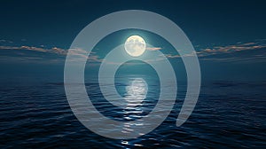 Full moon with blue Night sky and beautiful clouds reflection in sea background AI generated