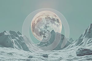 Full moon casting light on snowy mountain range sci-fi futuristic illustration wallpaper background