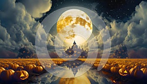 full moon between clouds over river