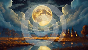 full moon between clouds over river