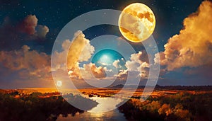 full moon between clouds over river