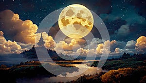 full moon between clouds over river