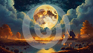 full moon between clouds over river