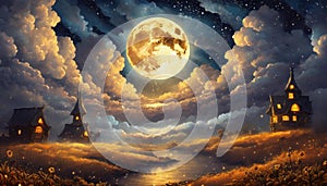 full moon between clouds over river