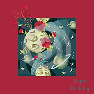 Full moon with craters, planets stars in the night sky. Happy birthday greeting card in red frame