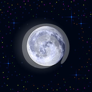 Full moon with craters and stars around