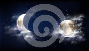 Full moon and crescent in night sky with clouds