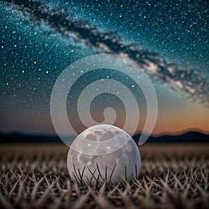 Full moon on grass with starry sky background