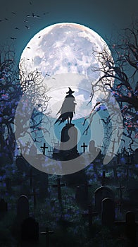 Full moon illuminates cemetery with tombstones, Halloween theme portrayed