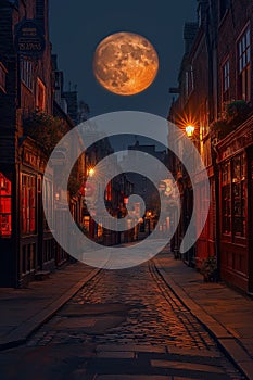 A full moon illuminates the streets of the historic Shambles in York North, casting a soft glow on the old buildings and photo