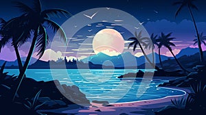Full Moon Illuminates a Tranquil Beach with Palm Trees