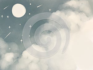 Full moon illustration. Starry night sky with clouds hand drawn in cartoon simple primitive style banner with place for text