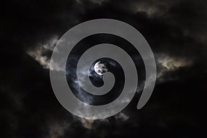 Full Moon in the night sky with dramatic clouds