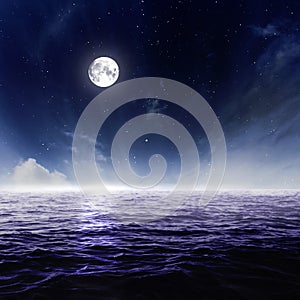 Full moon in night sky over moonlit water