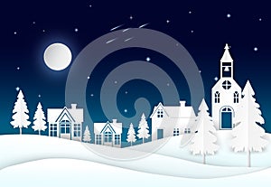 Full moon on night sky with star, comet and village. Paper art style