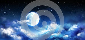 Full moon in night sky with stars and clouds scene