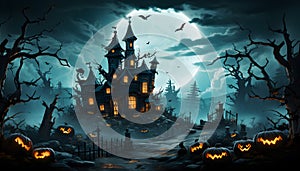 Full moon nighttime,dark landscape castles and graveyards filled, ghostly mystical fog,bats flying in sky,pumpkin heads and dead