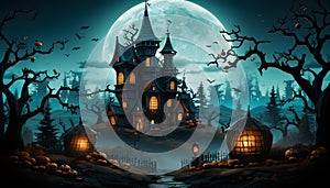 Full moon nighttime,dark landscape castles and graveyards filled, ghostly mystical fog,bats flying in sky,pumpkin heads and dead