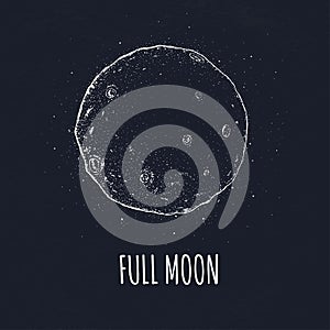 Full moon in outer space with lunar craters. Logo hand drawn vector illustration on black background.