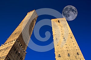 Full Moon over Bologna Towers, Italy.