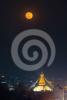 Full Moon over Boudhanath stupa at night, Nepal