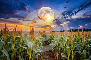 Full Moon Over Corn Field at Summer Night