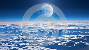 A full moon over a dense layer of clouds. View of the huge moon from the window of a passenger plane.