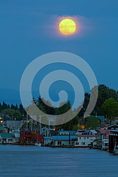 Full Moon Over Floating Homes on Columbia River in Portland Oregon