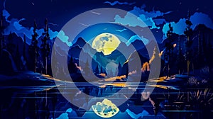 Full moon over lake with mountains in the background. Generative AI